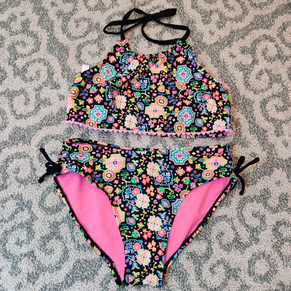 SO Girls Pink Multicolor Floral Tankini Halter High Waisted Summer Swimsuit 12